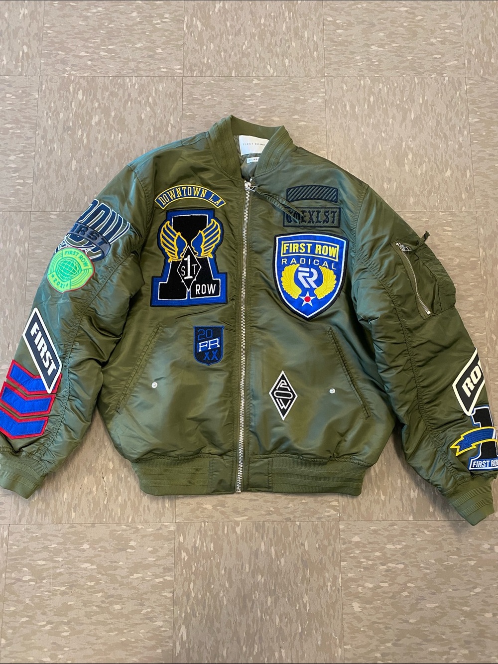First Row Olive Green Patch Bomber Jacket - Men